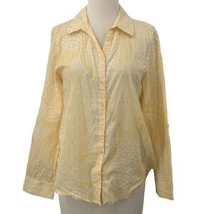 Chico's Rolled Tab Sleeve Button-Down Top Yellow/White Dotted Print Size 0/Small